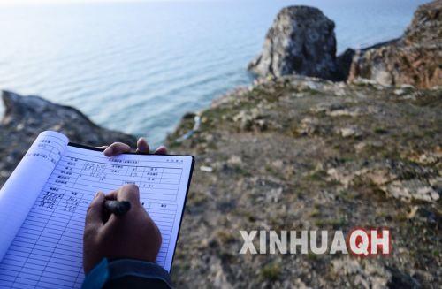 青海湖國家級(jí)自然保護(hù)區(qū)管理局工作人員在記錄鳥類觀測數(shù)據(jù)。新華社　張宏祥　攝